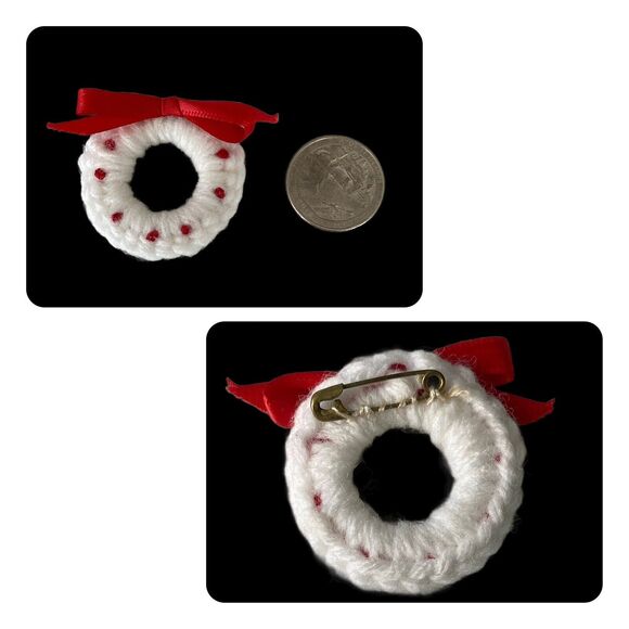 Hand Made Set of 7 Crochet Christmas Pins, Santa Claus Wreats Skates Girl Gifts - Picture 7 of 11